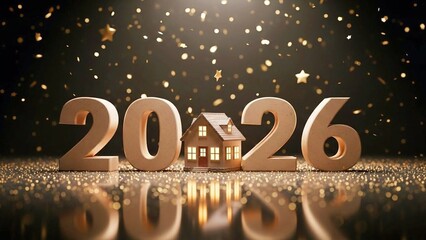 Real estate trends 2026, 2026 Real Estate Concept with House Model and Golden Celebration Confetti for New Year Housing Market and Investment