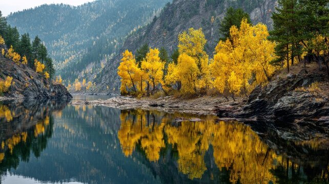 Siberian autumn landscape with golden trees reflecting in the irkut river, eastern sayan mountains in the baikal region, buryatia, tunka valley scenery
