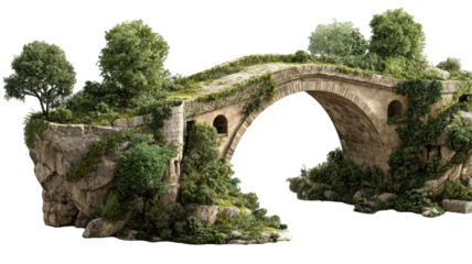 Historic Roman stone arch bridge over a river stream in an ancient forest landscape