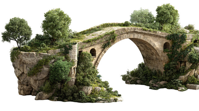 Historic Roman stone arch bridge over a river stream in an ancient forest landscape - Powered by Adobe