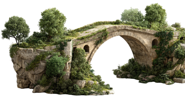 Historic Roman stone arch bridge over a river stream in an ancient forest landscape