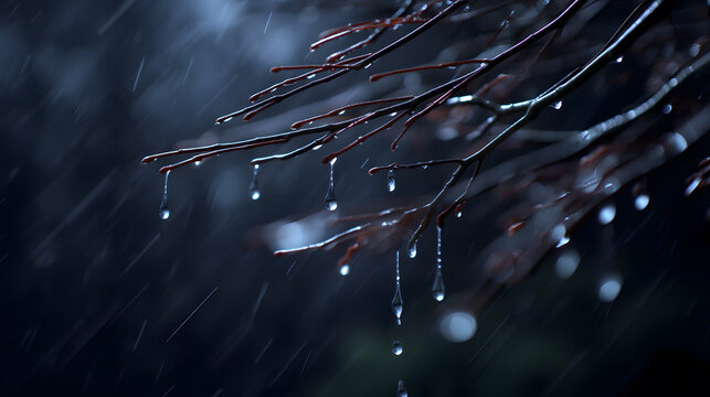 Rain-Kissed Branches: Witness the serene beauty of raindrops clinging delicately to bare branches, a tranquil scene of nature's purity under the dim of early morning. - Powered by Adobe