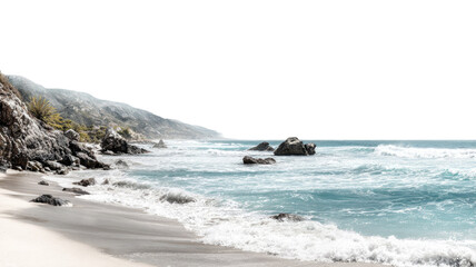 Beautiful blue ocean waves crashing on the sandy beach at the coast during a summer vacation seascape