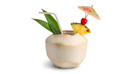Tropical coconut cocktail with pineapple and cherry garnish