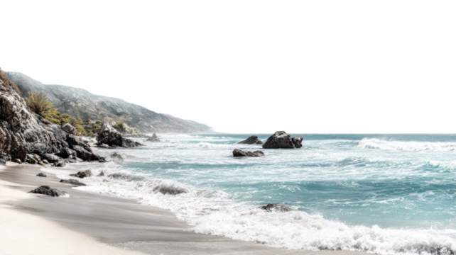 Beautiful blue ocean waves crashing on the sandy beach at the coast during a summer vacation seascape