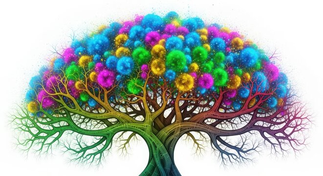 Vibrant abstract tree with colorful blooms evokes fantasy and nature's magic