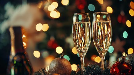 Obraz premium Two champagne glasses with sparkling champagne on a festive background with Christmas decorations.
