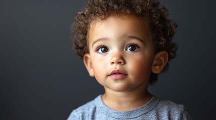 Naklejka premium A young child with curly hair, wearing a gray shirt, standing against a dark gray background.