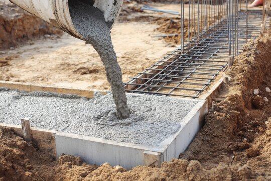 Pouring concrete for foundation at construction site in sunny weather