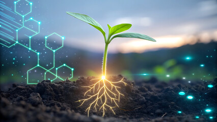 A young plant growing from soil with glowing roots and digital network, representing the future of agriculture and sustainable farming practices