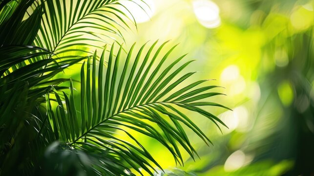 Green palm leaves against a blurred background.
