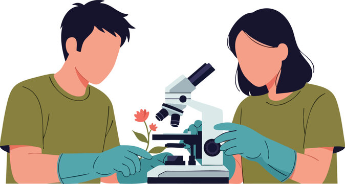 Vector Illustration of Two Scientists Using Microscope in Modern Scientific Laboratory Style with Green Shirt Colors
