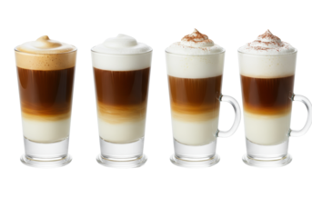 Four sleek clear glass cups with layered coffee (espresso, caramel, milk, cream, cinnamon), on a transparent background, close-up. Concept for coffee advertisement