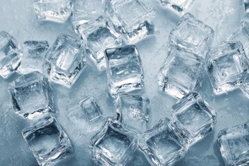 Clear ice cubes scattered on a wet surface create a refreshing visual display for drinks and cocktails