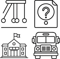 WebSet of Four Educational and Institutional Icons: Newton's Cradle for Physics, Question Mark Document for Test or Quiz, School Building, and School Bus for Science, Assessment, and Student Transport