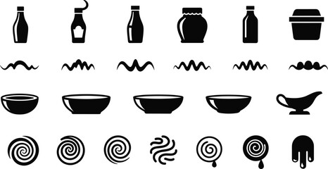 Sauce, Condiment, and Dip Icon Vector Silhouette Set Illustrating Bottles, Jars, Bowls, and Swirled Food Textures in Minimalist Black and White for Culinary and Menu Design