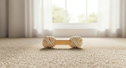Wooden dumbbell dog toy with rope ends resting on a beige carpet in a bright, sunlit room.