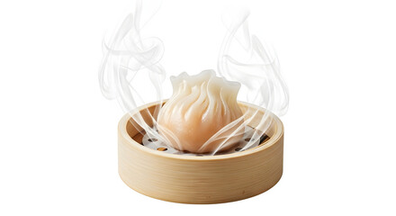 Steaming dumpling in bamboo basket isolated on white background