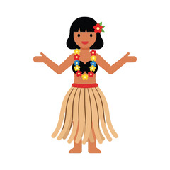 Fototapeta premium Cartoon illustration of a woman in a hula skirt and lei, with arms outstretched.