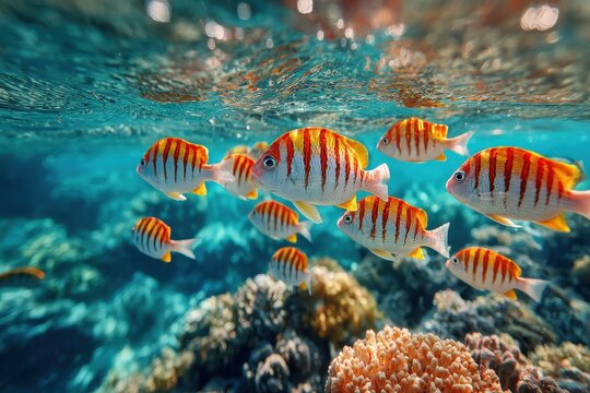 Colorful striped fish swimming above coral reef in clear blue waters of a tropical ocean - Powered by Adobe