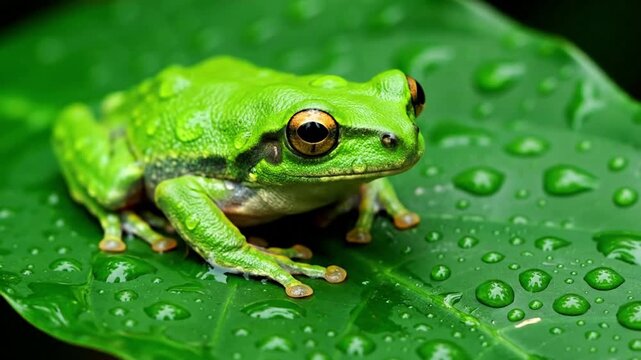 A vibrant green tree frog perfectly camouflaged against a dew kissed tropical leaf, showcasing its intricate skin texture and unblinking gaze. close up, detailed, natural light