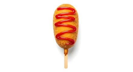 Corn dog with ketchup on white background, top view