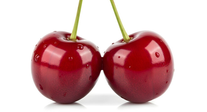 Close-up of two fresh red cherries with water droplets