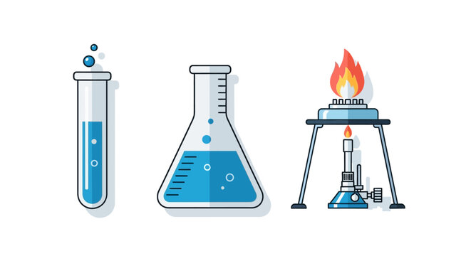 Laboratory Equipment - Test Tube, Erlenmeyer Flask, and Bunsen Burner Illustration.