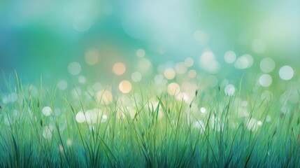 Obraz premium A serene, blurred background featuring vibrant green grass and soft bokeh lights, a calm and refreshing atmosphere, floral rainbow background