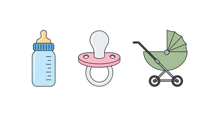 Baby Essentials - Bottle, Pacifier, and Stroller Illustration for New Parents.