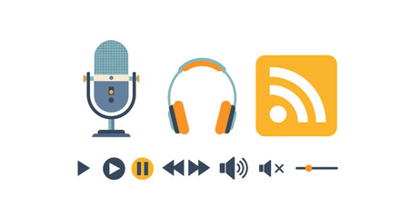 Podcast Equipment and Controls Illustration - Microphone, Headphones, RSS Feed, and Playback Buttons.