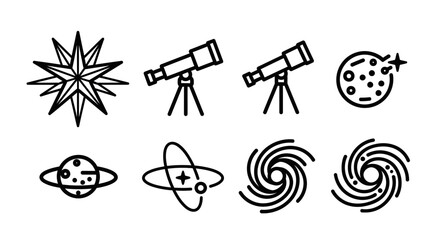 Collection of Celestial Objects and Astronomical Instruments in Line Art.