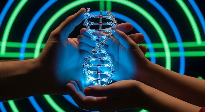 Human hands holding luminous DNA model against vibrant neon backdrop, science concept, futuristic technology, genetic research, breakthrough discovery - Powered by Adobe