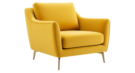Modern yellow armchair with a cushion and metal legs is in a studio setting for interior design on transparent background