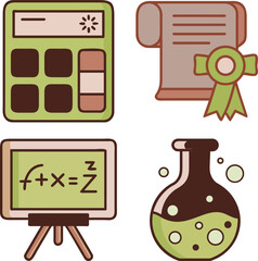 WebSet of Four Colored STEM and Academic Icons: Calculator, Diploma Scroll, Math Equation Blackboard, and Chemistry Flask for Science, Technology, Engineering, and Mathematics Achievement.