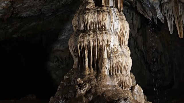 A close up, detailed shot of a majestic stalagmite, showcasing its intricate mineral layers and the slow, consistent deposition of calcium carbonate over millennia.