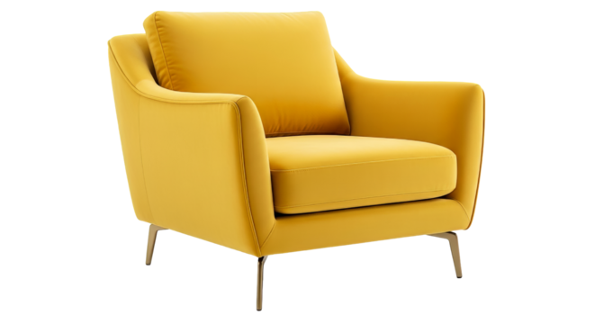 Modern yellow armchair with a cushion and metal legs is in a studio setting for interior design on transparent background