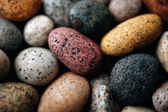Colorful pebbles with various textures scattered on a surface reveal nature's artistry and diversity - Powered by Adobe