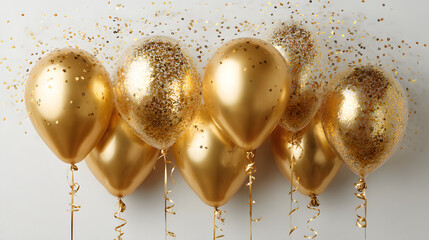 Shiny golden balloons, sparkling gliter confetti marking vibrant 2026 new year celebration against pristine white background