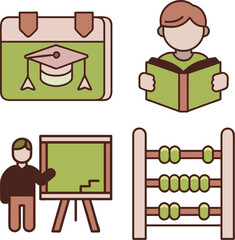WebSet of Four Colored Education Icons: Graduation Day Calendar, Student Reading, Teacher at Blackboard, and Abacus for Scheduling, Study, Instruction, and Mathematics Learning.
