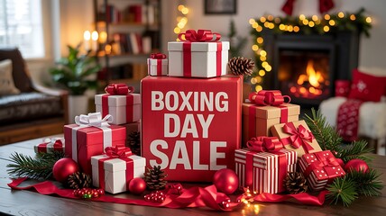 Boxing Day sale display with beautifully wrapped gift boxes, red ribbons, pine branches, ornaments, and warm festive holiday decor