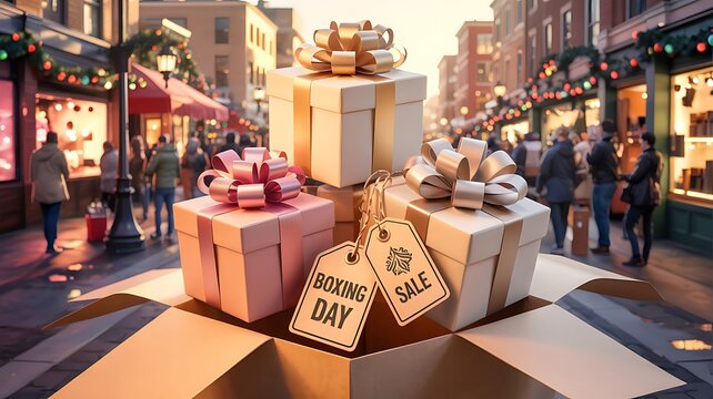 Boxing Day sale concept with elegant gift boxes and golden bows emerging from an open package on a festive holiday shopping street background
