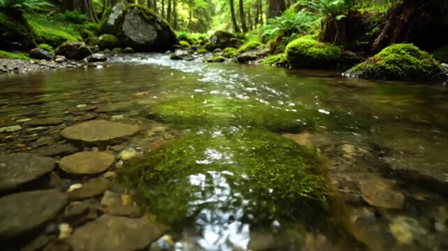 Close up perspective of crystal clear water flowing over smooth, moss covered river stones, showcasing intricate ripple patterns and the gentle movement of subsurface pebbles.