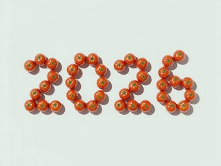 Creative 2026 typography made with fresh red tomatoes arranged on a bright minimalist background for food and new year concept