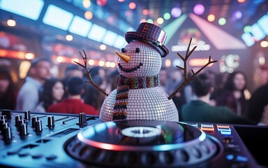 Disco snowman made of shiny mirrored tiles beside a DJ turntable in a vibrant nightclub filled with colorful lights and festive holiday atmosphere