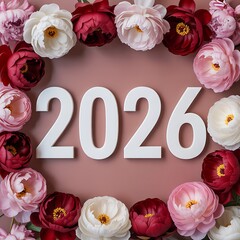 Elegant 2026 greeting with white numbers surrounded by luxurious pink, red, and white peony flowers on a soft rose-colored background