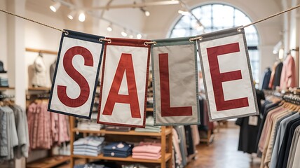 Fabric sale banners hanging on a rope inside a clothing store, creating a retail promotion display with apparel racks in the background