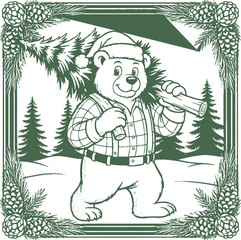 Festive Bear Lumberjack Carrying Christmas Tree in Winter Forest