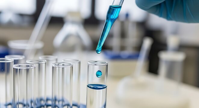 Exciting scientific discovery with vibrant blue liquid being added to test tube for research, modern chemistry lab, experimentation and analysis