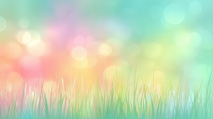 Fototapeta premium A vibrant, abstract background featuring soft pastel colors and blurred bokeh effects with green grass at the bottom, floral rainbow background